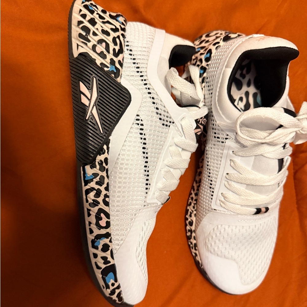 Reebok Women's White and Leopard Print Athletic Shoes